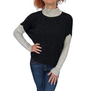 BRODIE CASHMERE BLACK GRAY SPECKLE COLORBLOCK HIGH MOCK NECK SWEATER XS